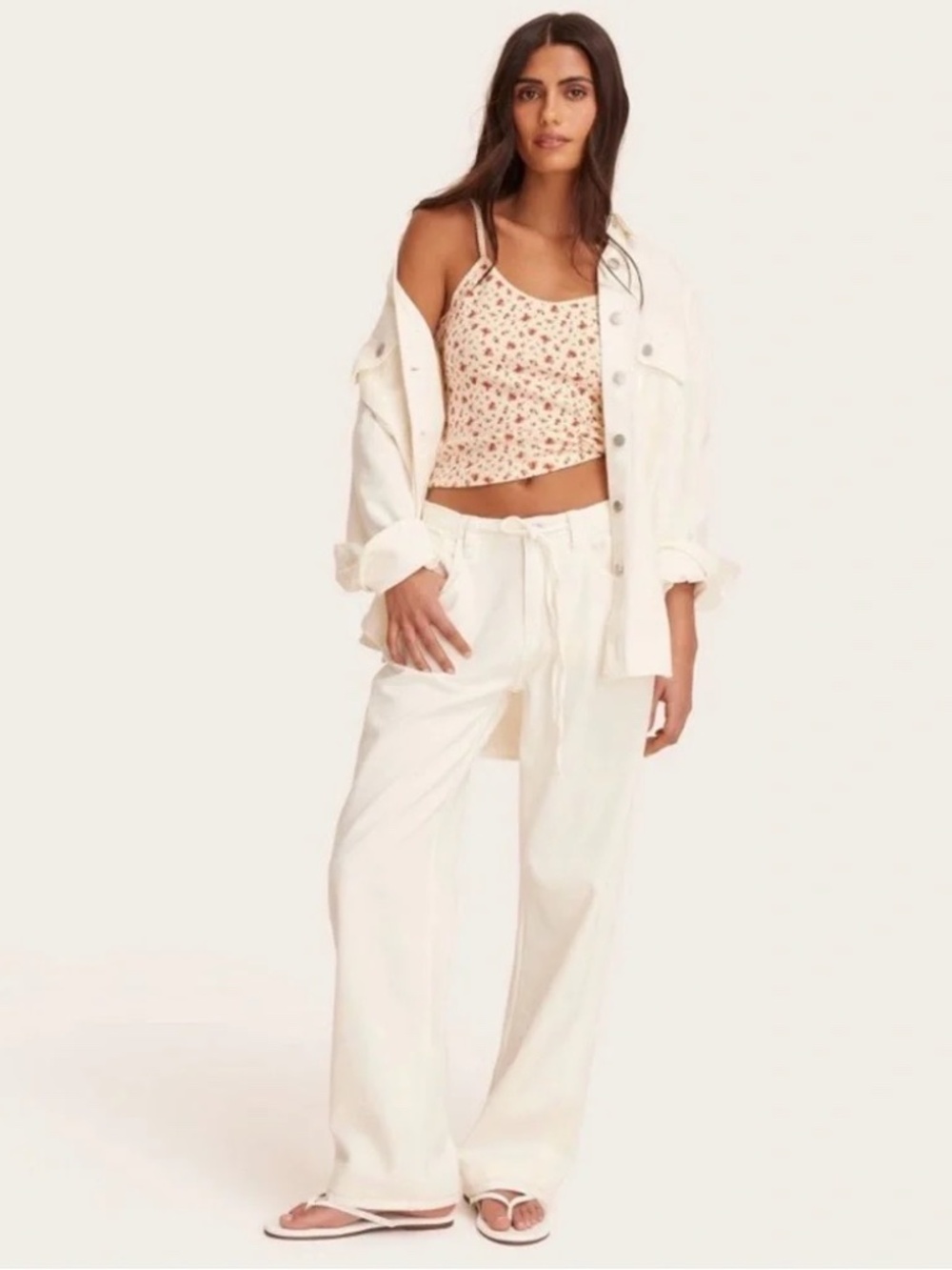 PARKE Wide-Leg Drawstring Jeans in Cream